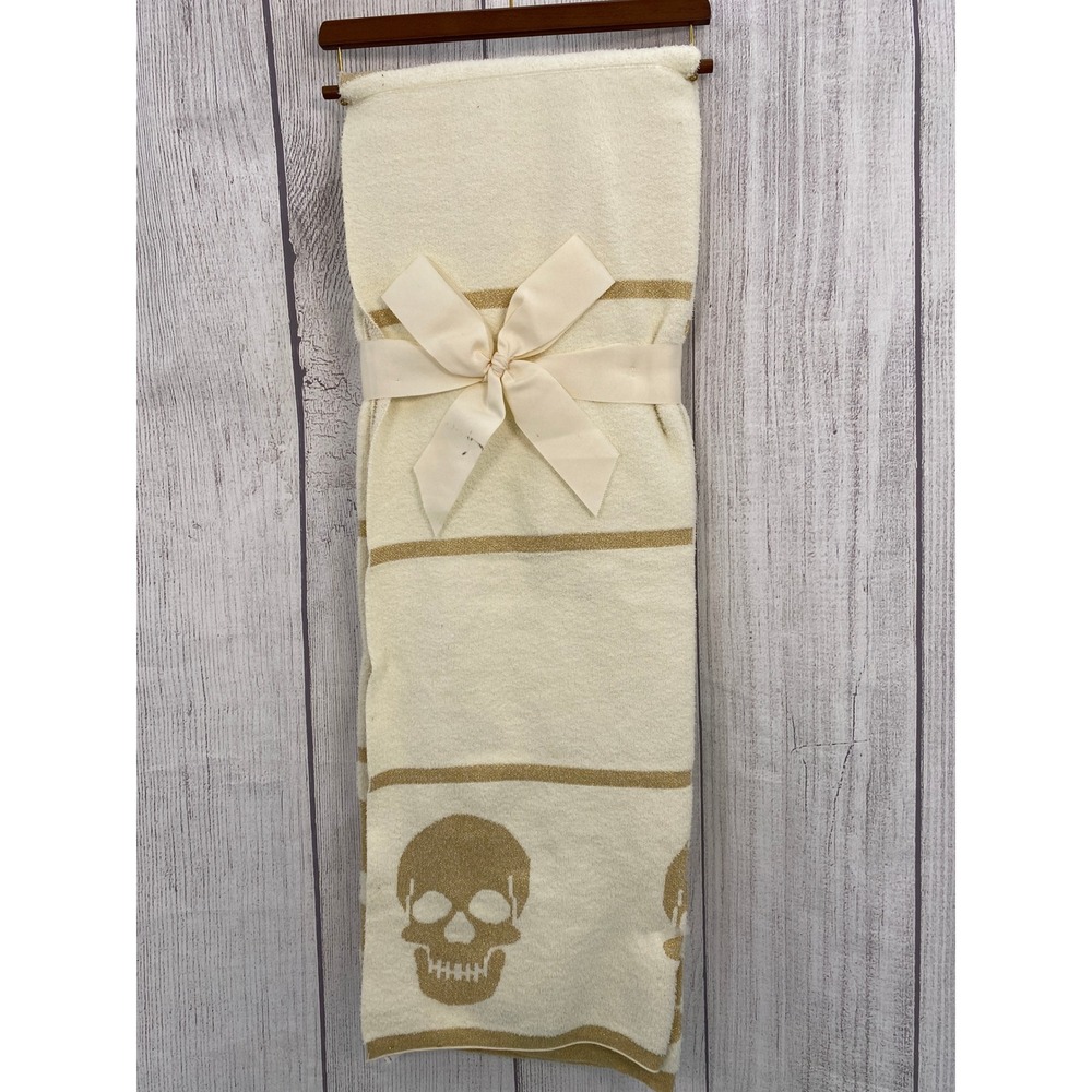 Magaschoni Throw Blanket 50x70 Ivory Gold Skulls Metallic Knit Striped Halloween